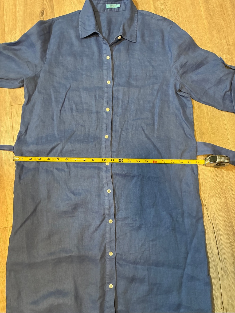 J. McLaughlin Blue Linen Belted Shirt Dress Medium Roll Tab Sleeve - Picture 10 of 11